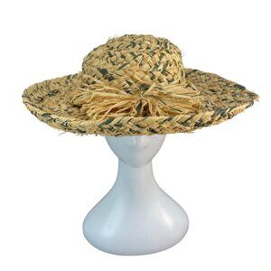 Vintage Style Woven Straw Hat With Green Accents & Decorative Bow Design